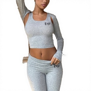 Skinny Knitted Spandex Cotton Women's 3 Pieces Summer Streetwear Print Sports Wear <b>Sets</b> with Hoodie Zipper & Rhinestone - Product Image 3