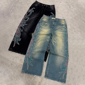 MZN Pantalon en denim unisexe surdimensionné vintage bleu délavé Hip Hop, jean évasé à jambe droite, fermeture à boutons, rivet en strass - Product Image 4