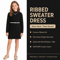 Robe Pull Fille Personnalisée OEM & ODM, Tricot Côtelé Manches Longues Col Montant, Style Minimaliste Hiver Noël, Vêtements Tricotés Enfants en Viscose