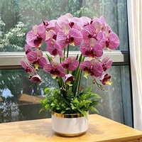 Bunga Anggrek Phalaenopsis Pink Buatan, Set Bunga Artifisial Mewah untuk Ruang Tamu, Anggrek Pot Besar dengan Cetakan 3D dan Lapisan Mengkilap