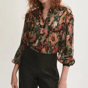 Модные женские элегантные весенние Рубашки с длинным рукавом и V-образным вырезом, Женская Повседневная Блузка, блузка с индивидуальным рисунком, оптовая продажа OEM, новинка