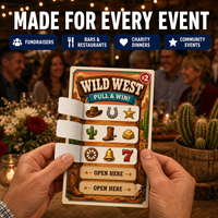 Tarjetas de juego Wild West Pull Tab con cinco ventanas abatibles, boletos de premio instantáneo personalizados para fiestas de vaqueros, eventos y recaudaciones de fondos