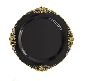 Piring hitam dengan pinggiran emas 10,25 inci dan 7.5 inci Salad putih merah muda emas sekali pakai/piring makanan penutup untuk pernikahan & Pesta