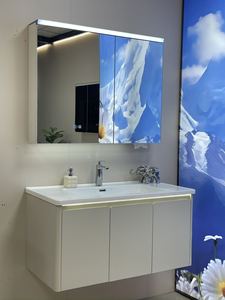 <span class=keywords><strong>Meuble</strong></span> de salle de bain mural avec armoire à pharmacie LED - <span class=keywords><strong>Meuble</strong></span> de salle de bain flottant blanc crème avec lavabo en céramique - Product Image 4