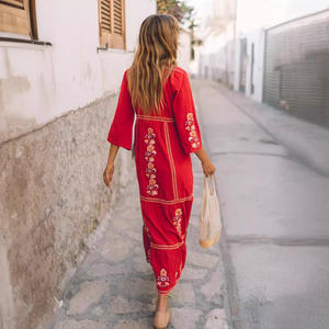 Kadın uzun kollu meksika işlemeli çiçek pileli Maxi gevşek kokteyl yeni Bohemian tatil tarzı v yaka moda elbise - Product Image 4