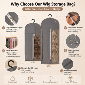 Sac de rangement pour perruques avec logo personnalisé et cintre |   Étui suspendu pour extensions de cheveux non tissées |   Sac de protection transparent anti-poussière avec fermeture éclair - Product Image 4