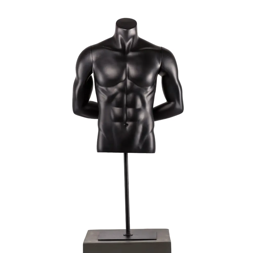 Black Fiberglass Upper Body Muscular Male T Shirt Display Mannequin Torso With Arms And Stand