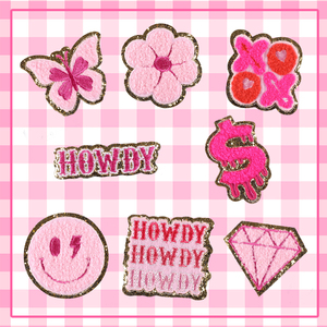 Diamante sorriso viso fiore parola Logo oro ferro Glitter ricamato rosa ciniglia <span class=keywords><strong>patch</strong></span> nuovo Design per gli indumenti - Product Image 1