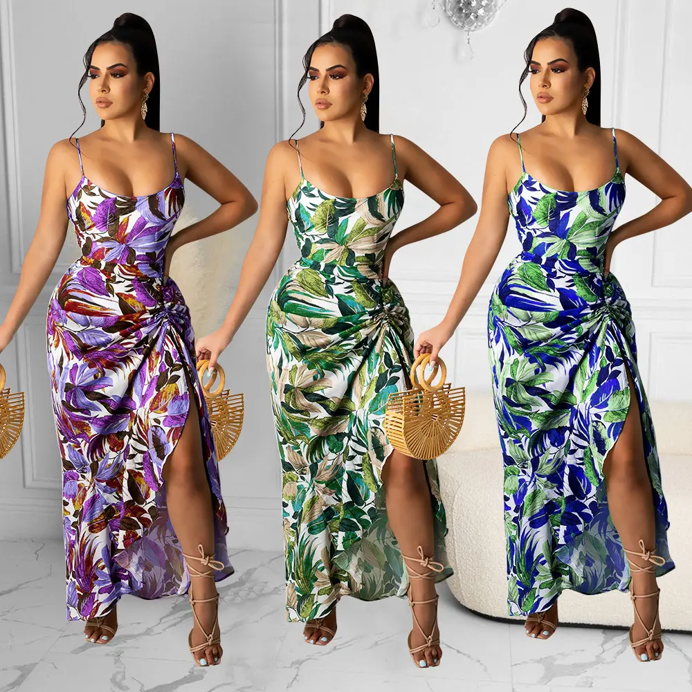 RTS Amazon Hot selling summer blue green purple fashion printing pattern american style ladies sexy sleeveless women dress