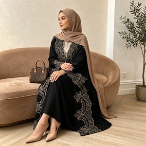 Ramadan Luxury Lace Embellished Open Abaya Flare Sleeve Muslim Women Modest Embroidery <b>Cardigan</b> Coat With Pockets (1417) - Product Image 1