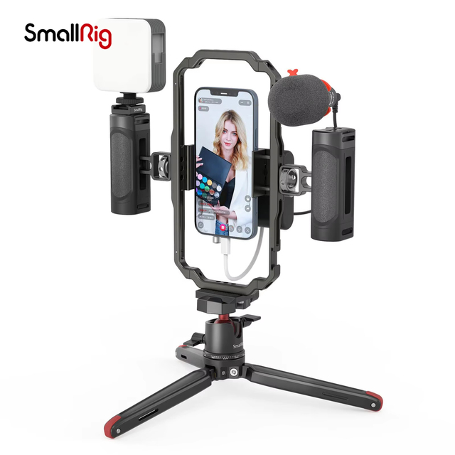 All-in-One Lightweight Phone Video Rig Kit for IPhone/ for 3384B Aluminum Cage with Tripod Mic LED Light