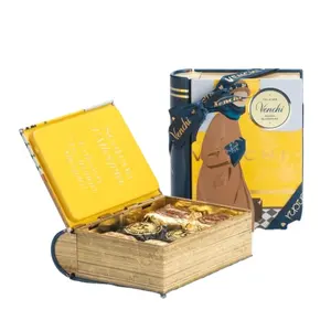 Yüksek kalite zarif tasarımlar kitap şekli bisküvi çikolata ambalaj teneke kutu toptan hediye paketi için çikolata