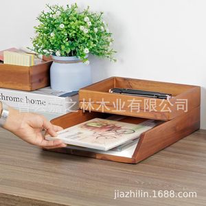Wooden Desktop File Tray Double Layer <b>Storage</b> Organizer For Office <b>Documents</b> Notebooks Paper Holder Rectangular Desk Organizer - Product Image 1