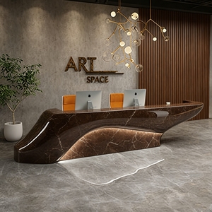 CR124 Two Tier Craft Marble Effect Reception Desk Corporate Front Desk with Statement Sculpture Accent for Hotel Lobby - Product Image 6