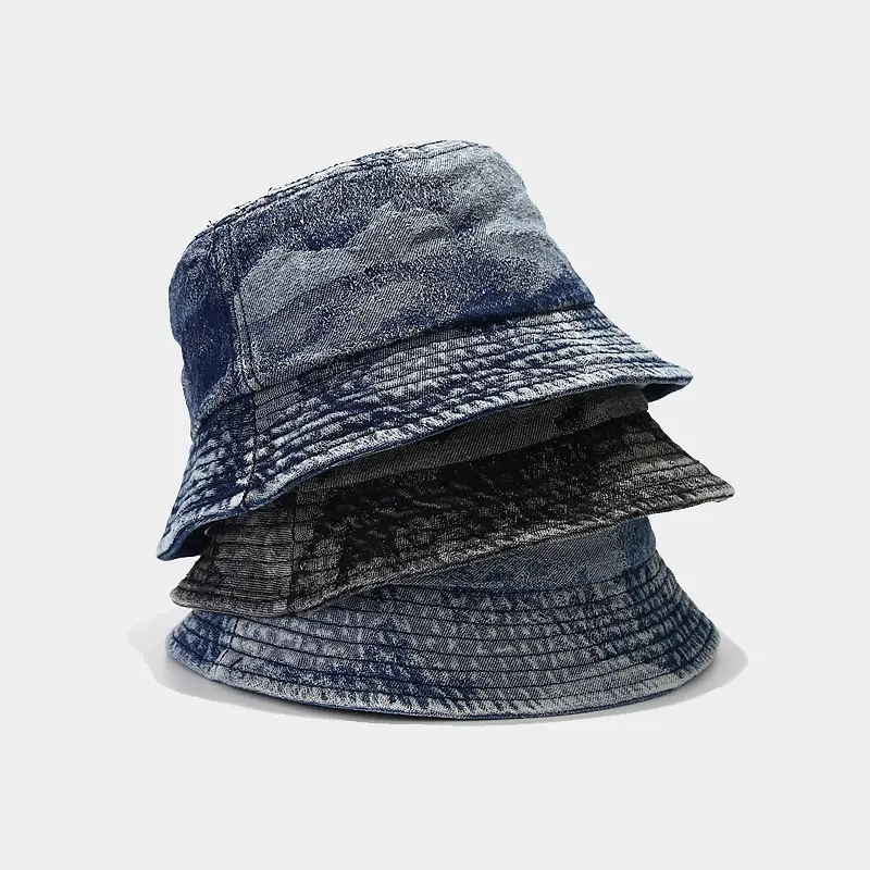 Desain kustom bahan denim dicuci topi bucket uniseks vintage pinggiran pendek kualitas tinggi