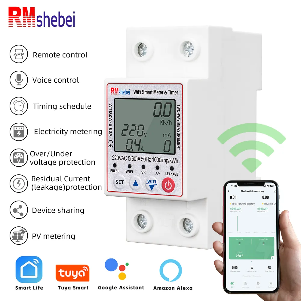 Tuya WiFi Smart MCB Timer bidirezionale retroilluminazione fotovoltaica tensione perdita di terra misura a due vie 63A 220V