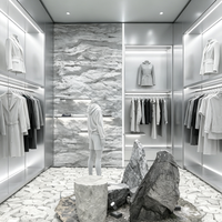 Vitrines de boutique modernes sur mesure, en acier inoxydable, pour l'aménagement intérieur de magasins de vêtements.