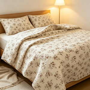 Juego de Ropa de Cama Acolchada con Estampado Floral Pequeño Estilo Coreano, 4 Piezas, Base Crema, Flores Marrones, Juego de Ropa de Cama Bordada de Lujo, Funda de Edredón - Product Image 1