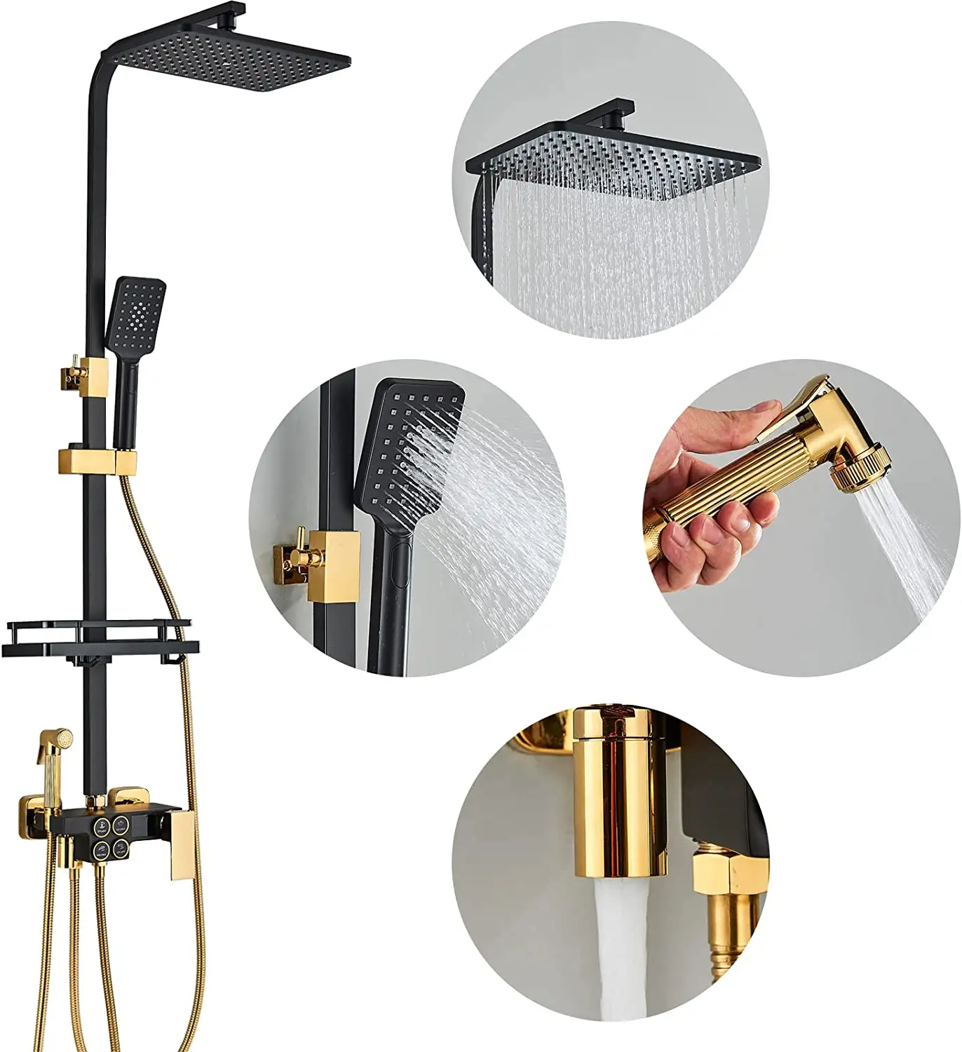 Juego de barra de ducha expuesta a la lluvia con Control de 4 vías montado en la pared del baño con ducha de mano, sistema de grifo de ducha con acabado inteligente negro y dorado