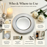 Assiette de présentation en PP argentée sur mesure avec anneau concentrique et motif gaufré pour la décoration de table de mariage et de fêtes