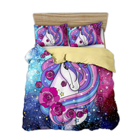 Parure de lit enfant fille motif licorne mignon, 3 pièces, drap-housse imprimé dessin animé