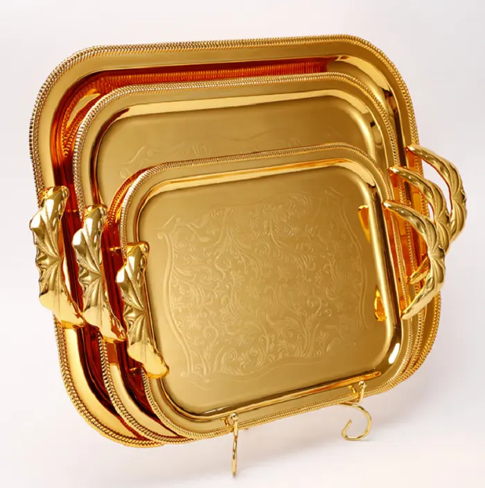 الجملة العتيقة المجلفن الذهب الفضة استانليس ستيل نحاس تقديم الطعام الحرفية صينية