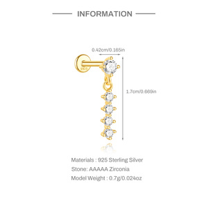 Pendientes de Plata de Ley S925 con Baño de Oro de 18K, Pequeños, con Borlas de Circonitas 5A, Cadena de Flecos, Parte Trasera Plana, Calibre 16G, para Perforaciones de Cartílago - Product Image 6