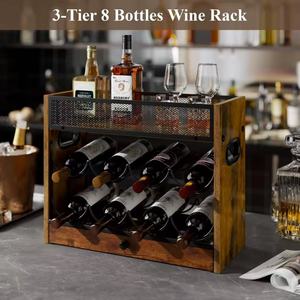 Estante de vino de madera y metal de 3 niveles para 8 botellas con tapa de malla para exhibición y almacenamiento en el hogar o bar. - Product Image 1