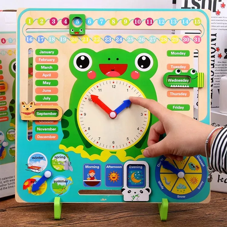 Grosir jam kalender beruang teddy kayu anak-anak mainan edukasi waktu bayi