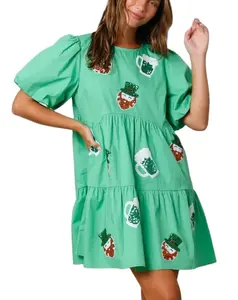 Summer casual round neck 100% cotton dress custom designer fashion sparkly leprechaun beer sequin shirt mini dress women