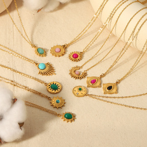 Vintage Style Natural Stone Stainless Steel Necklace For Women 18K Gold Plated <b>Titanium</b> Steel Clavicle <b>Chain</b> Jewelry Geometric - Product Image 2