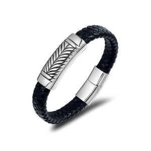 Men's Wheat Ear Leather Bracelet <b>Titanium</b> Steel Black Braided Plant Pattern Gift Jewelry CE538 - Product Image 5