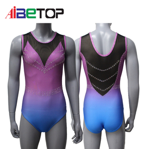Justaucorps de gymnastique à paillettes dégradées |   Combinaison de compétition sans manches en maille ombrée bleu violet avec strass - Product Image 5
