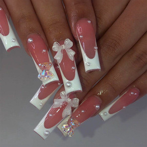 Lot de 24 faux ongles longs en forme de cercueil, avec papillons 3D et diamants, style français, luxueux et réutilisables - Product Image 2