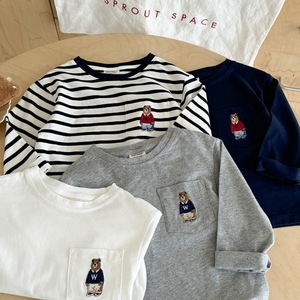 Children's Long Sleeve T-Shirt Bear Pocket Cotton Jersey Autumn Wear Boys Striped Inner Layer Top White Gray Navy Blue - Product Image 2