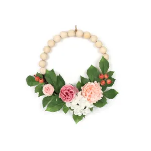 Wood Beads Floral Carnation Vine Wreath All Seasons Farmhouse Hanging Wall Hoop Boho Garland For Wedding Front Door Porch Decor