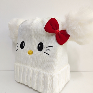 Gorro de Invierno MXM, Nuevo Modelo, Gato Blanco con Lazo, para Niños y Niñas, Interior de Felpa Suave, Tejido de Punto, Bordado - Product Image 3