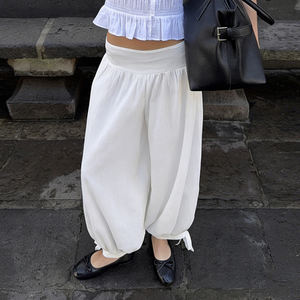 Pantalones Harem de Verano de Poliéster Transpirable de Color Liso con Ajuste Relajado, Cintura Elástica Baja y Puños en los Tobillos, Estilo Drapeado para Streetwear - Product Image 1