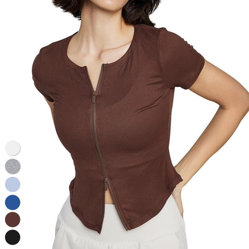 Modal Ribbed Yoga Clothing Double Zipper Crew Neck Slim Sports Shirts Casual Short Sleeve Fitness Top Yoga T Shirt for Women