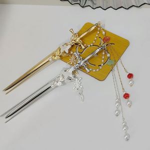 Pince à cheveux longue à pampilles pour femmes, épingles à cheveux en forme d'épée chinoise, épingles à cheveux florales faites à la main, accessoires de bijoux fantaisie, ornements capillaires - Product Image 3