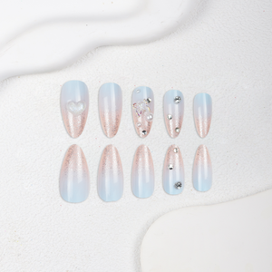 <span class=keywords><strong>Faux</strong></span> ongles à presser en amande, dégradé bleu rose, avec papillons, strass et perles, mignons et transparents, vente en gros, personnalisation disponible - Product Image 3
