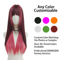 Peluca sintética larga y lisa color rojo vino con flequillo, resistente al calor, venta al por mayor de fábrica, OEM/ODM, personalizada para mujer