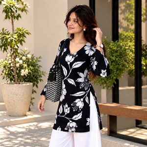 Blusa de Manga Larga con Cuello Cuadrado y Estampado Floral Negro para Mujer, Estilo Casual y Étnico, Kurti Corto para Mujer - Product Image 1
