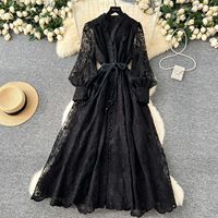 Robe longue d'été pour femme, style défilé, brodée de dentelle florale, manches lanterne, ceintures élégantes, vintage, pour soirée, style français, Vestidos