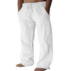 Pantalon décontracté pour homme en coton blanc avec cordon de serrage, taille élastique, coupe droite, léger, respirant, idéal pour l'été - Product Image 1