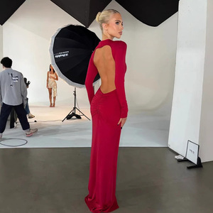 Robe sirène décontractée pour femme, style européen et américain, dos nu, ornée de métalliques, col rond, coupe ajustée, manches longues, pour banquets - Product Image 3