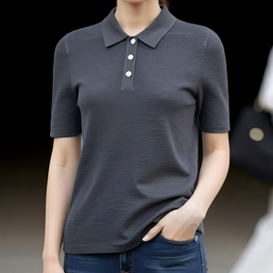 Polo en laine 100% pour femme, personnalisable avec logo OEM & ODM, manches courtes, boutonné, tricoté, haut en laine pour femme, tricotage - Product Image 3