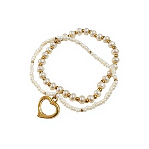 Women's Imitation Pearl Beaded Zinc Alloy Bracelet with Gold Plated Heart Charm Handmade Eco-Friendly Party Wear Jewelry - Product Image 1