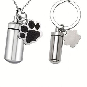 Porte-clés urne funéraire moderne pour chat en acier inoxydable avec breloque patte - Mini capsule à cendres étanche et hermétique, souvenir commémoratif personnalisé - Product Image 1