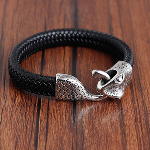 Venta al por mayor serpiente animal accesorio de cuero natural pulsera de joyería brazaletes de acero inoxidable pitón encanto brazalete para hombres - Product Image 2
